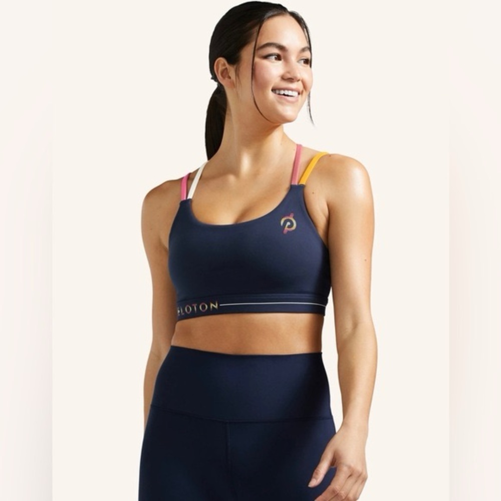 NWT Peloton Cadent Strappy Sports Bra, Medium, Navy Blue multi-colored Straps